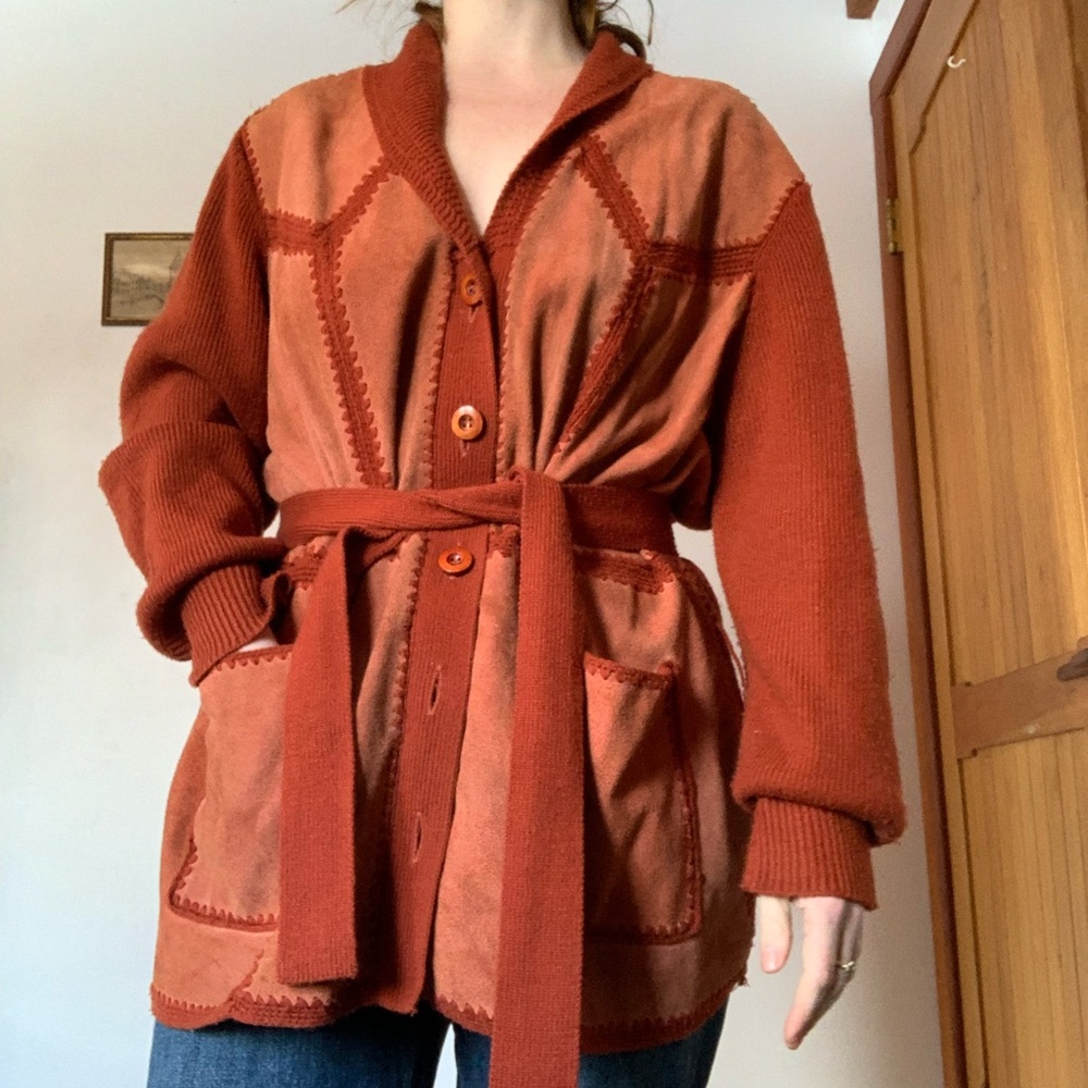 Vintage Patchwork Leather & Acrylic Sweater Jacket – Burnt Orange Showstopper